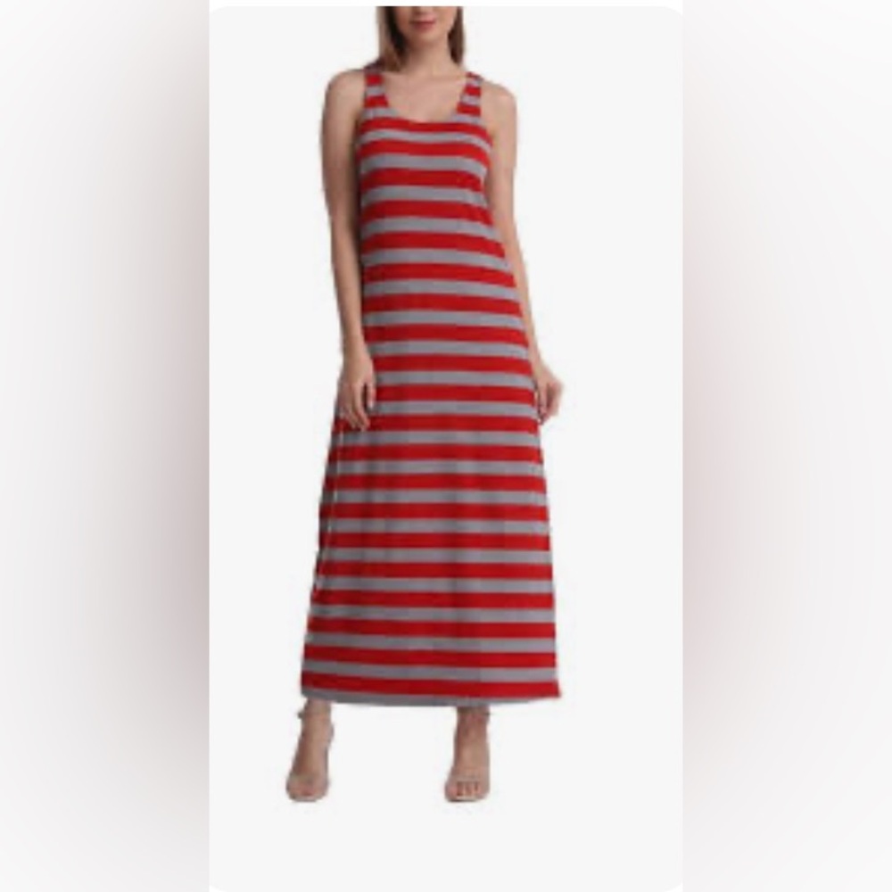 Chic Striped Red and Gray Maxi Dress
